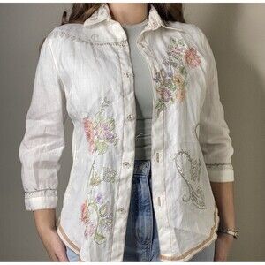 Tweed Y2k Style Linen Floral Embroidered Button Front Top Size Medium